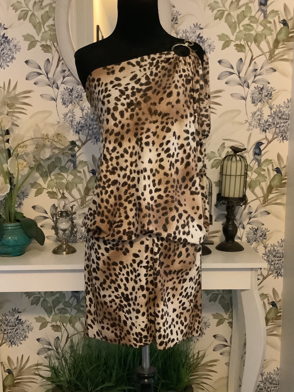 Cache One-Shoulder Leopard Print Dress in Brown and Black